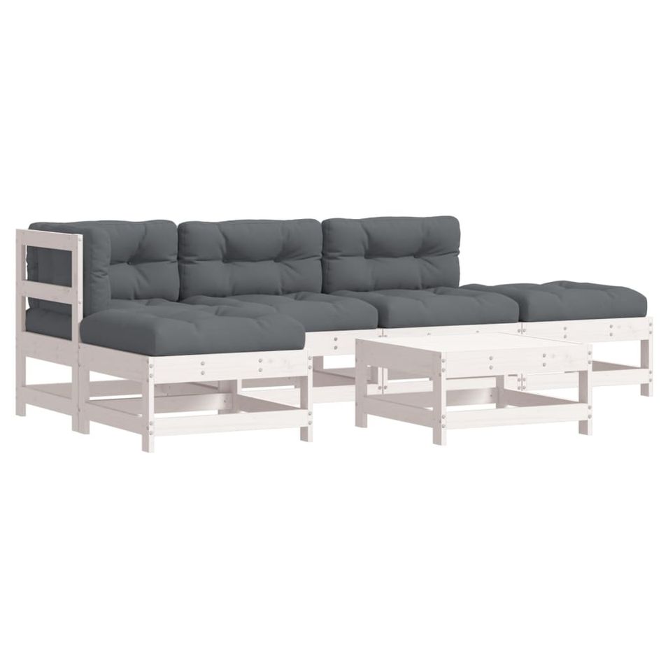 Salon de jardin 6 pcs avec coussins blanc bois massif - Photo n°1