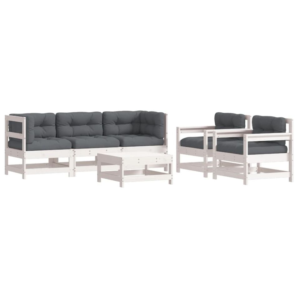 Salon de jardin 6 pcs avec coussins blanc bois massif - Photo n°1