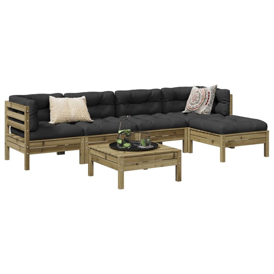 Salon de jardin 6 pcs avec coussins bois de pin imprégné - Photo n°1