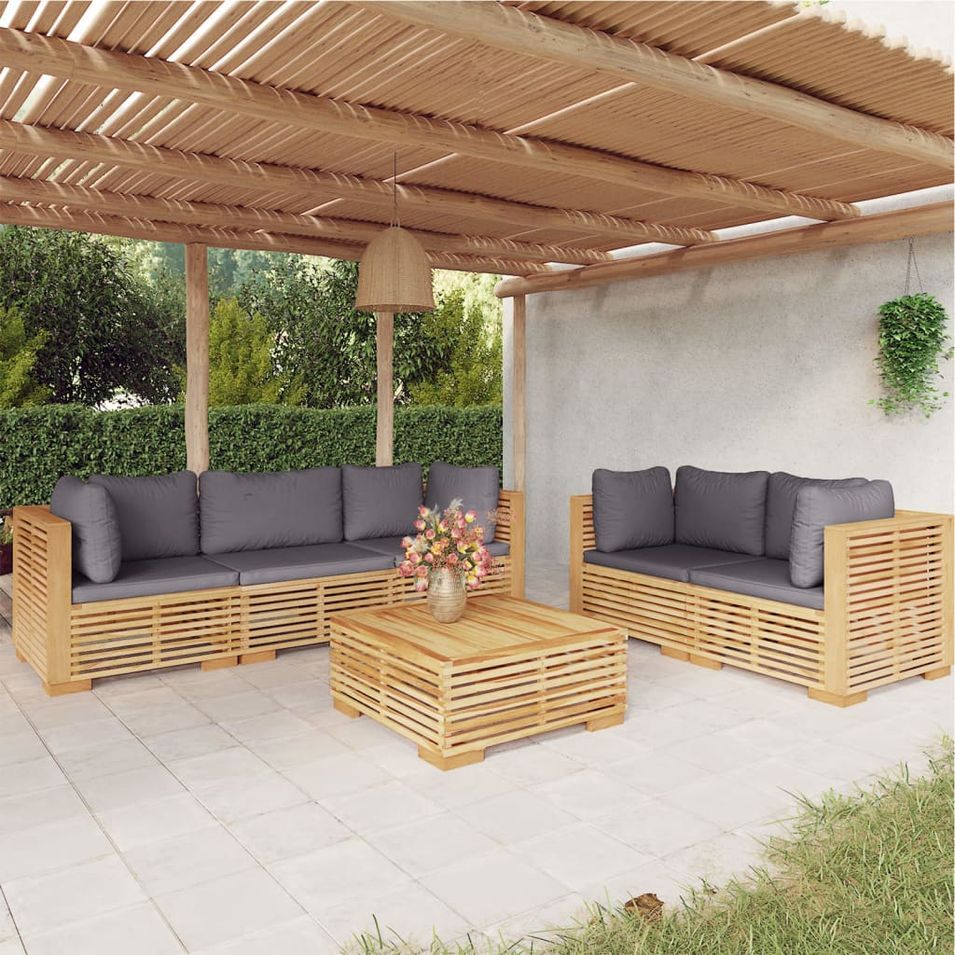 Salon de jardin 6 pcs avec coussins Bois de teck solide - Photo n°1