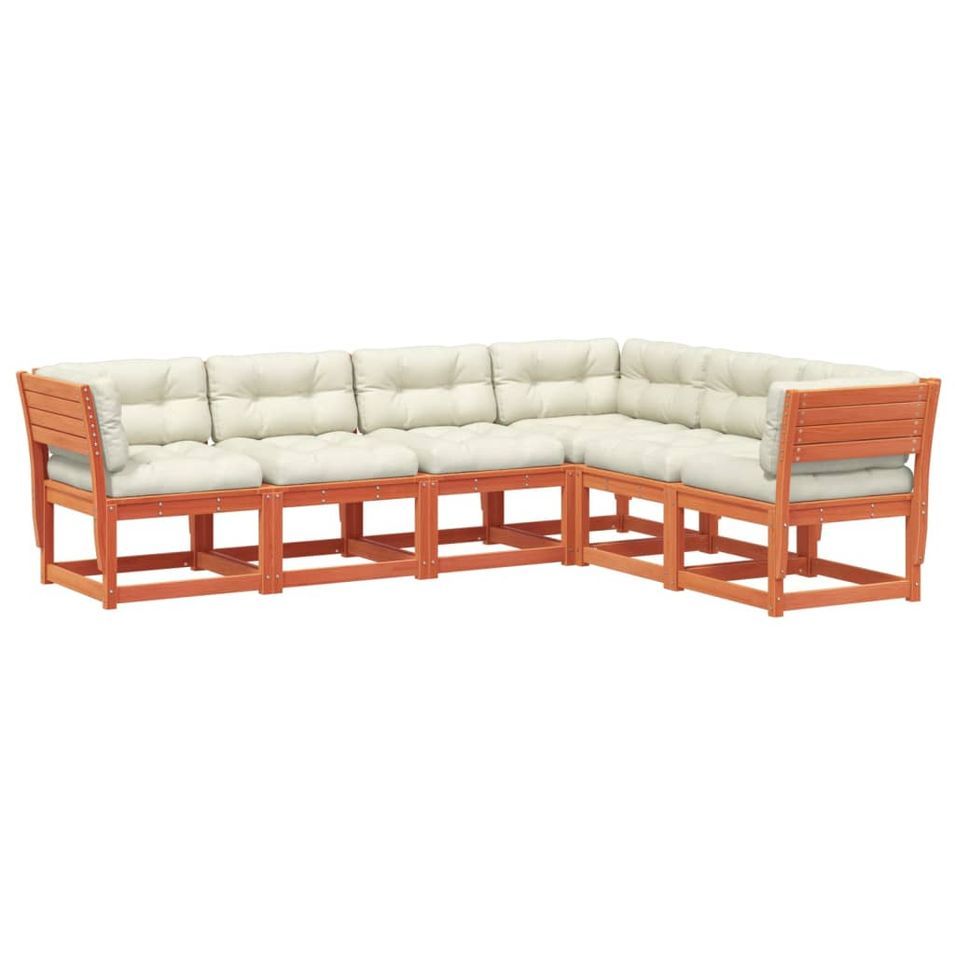 Salon de jardin 6 pcs avec coussins marron bois pin massif - Photo n°1