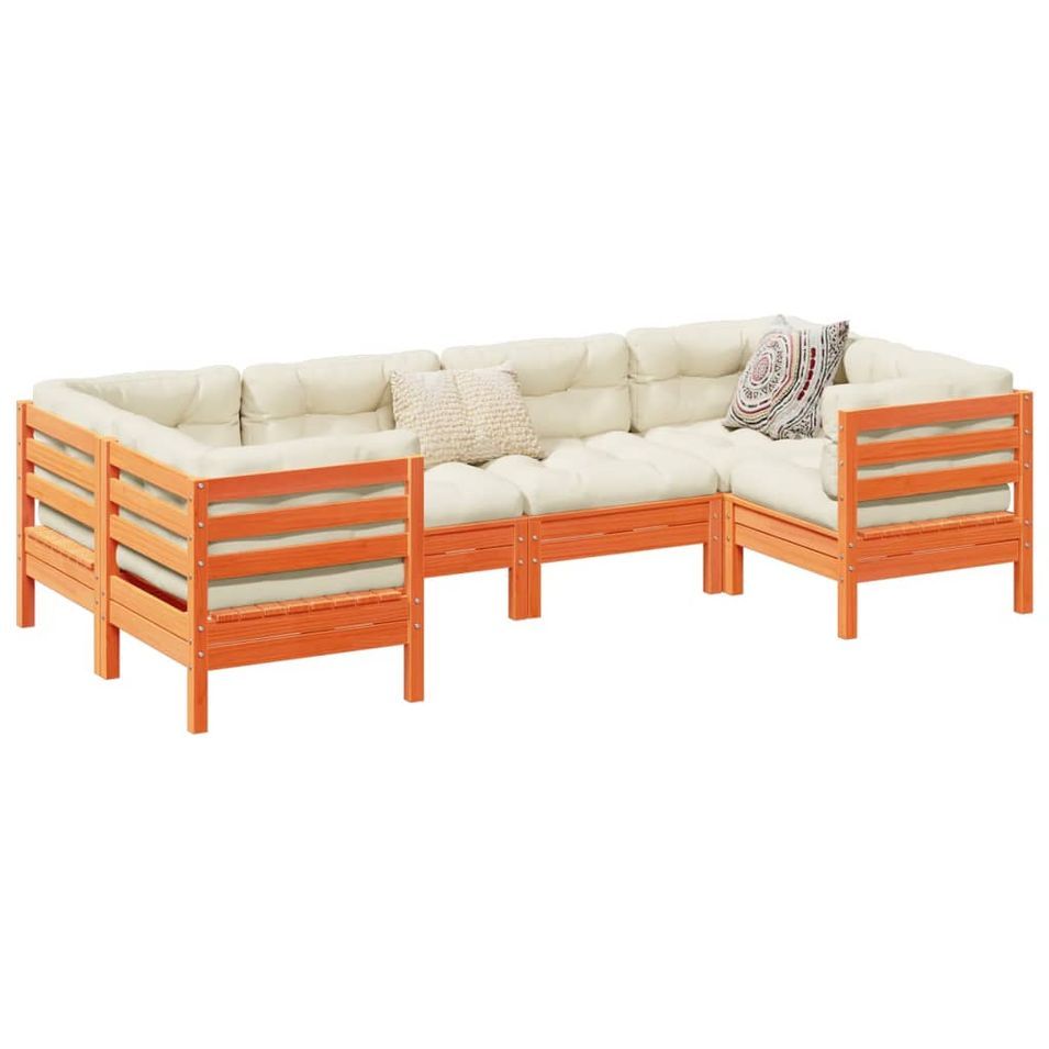 Salon de jardin 6 pcs avec coussins cire marron bois pin massif - Photo n°1