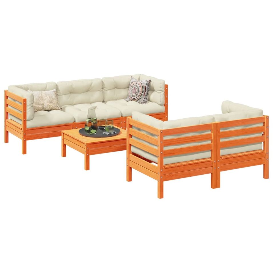 Salon de jardin 6 pcs avec coussins cire marron bois pin massif - Photo n°1