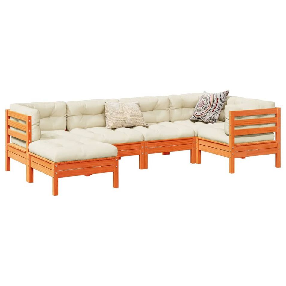 Salon de jardin 6 pcs avec coussins cire marron bois pin massif - Photo n°1