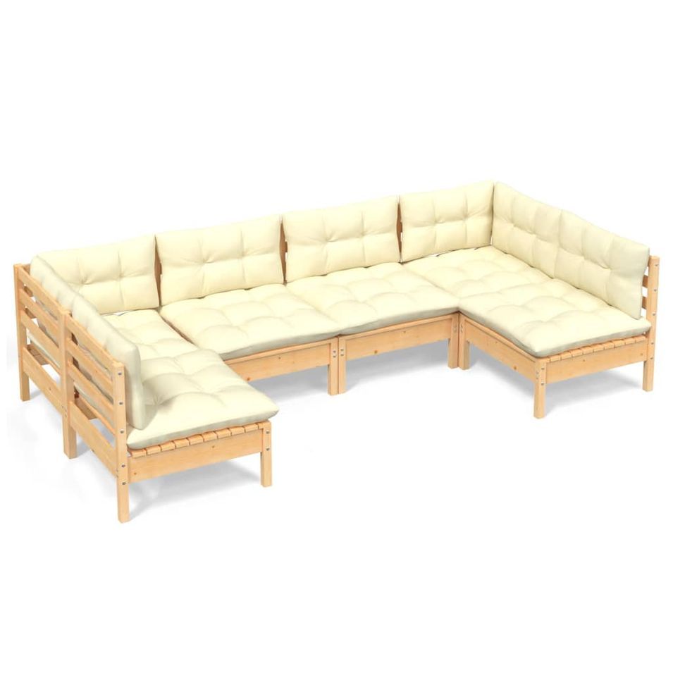 Salon de jardin 6 pcs avec coussins crème Bois de pin massif 3 - Photo n°1