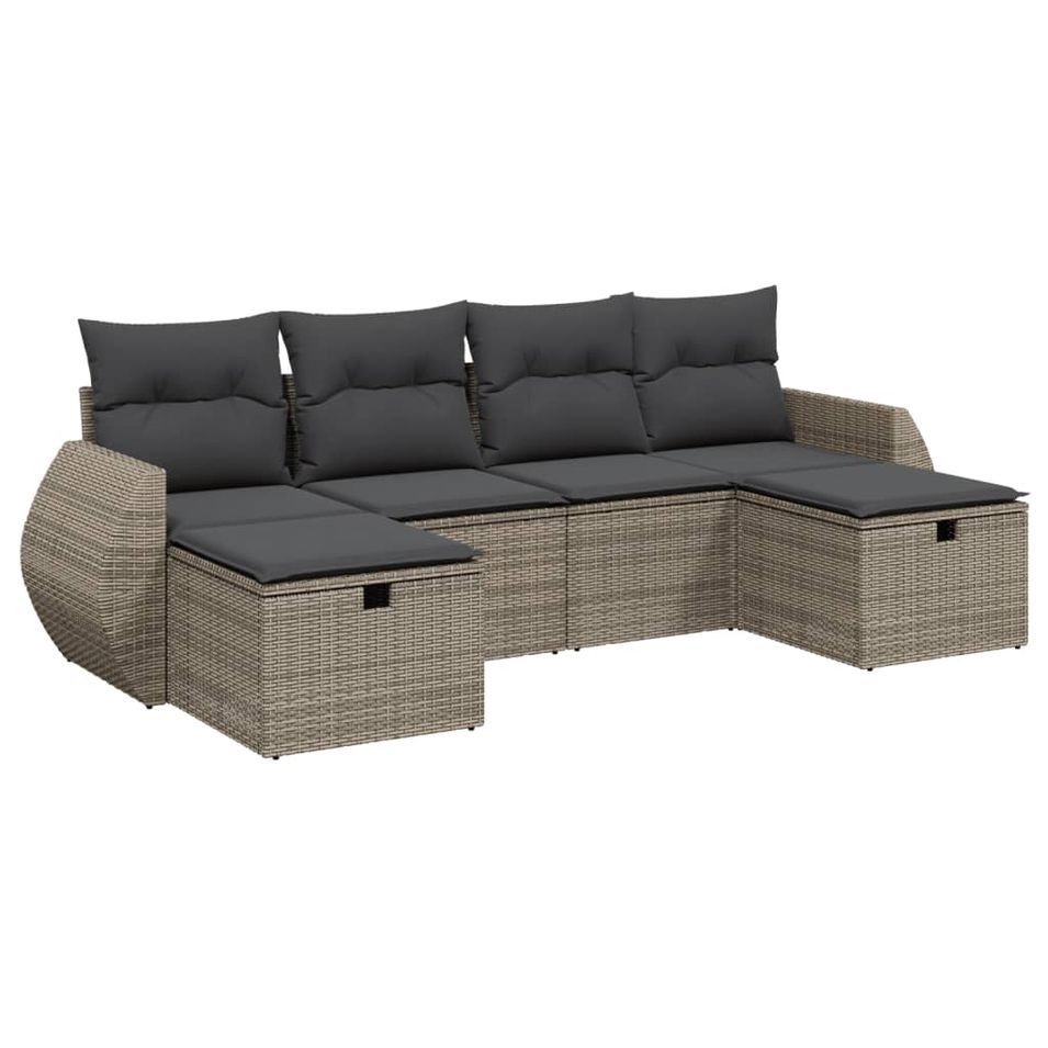Salon de jardin 6 pcs avec coussins gris résine tressée - Photo n°1