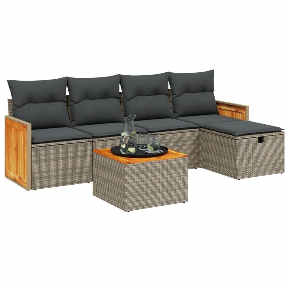 Salon de jardin 6 pcs avec coussins gris résine tressée - Photo n°1