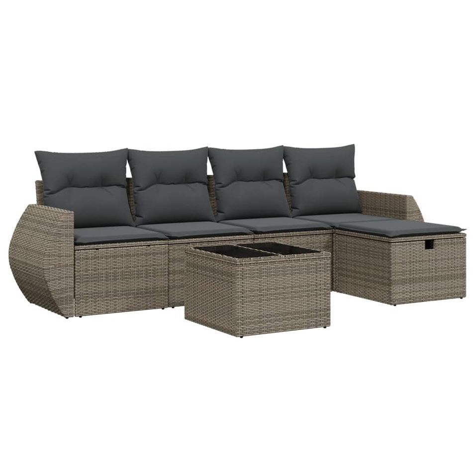 Salon de jardin 6 pcs avec coussins gris résine tressée - Photo n°1