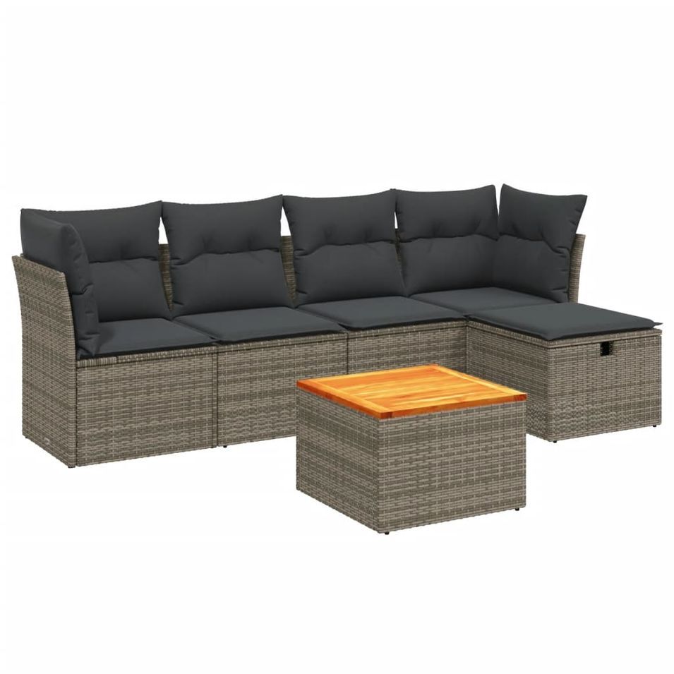 Salon de jardin 6 pcs avec coussins gris résine tressée - Photo n°1