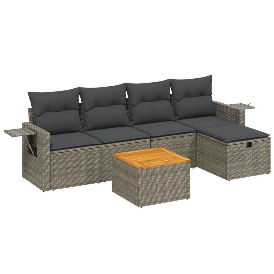 Salon de jardin 6 pcs avec coussins gris résine tressée - Photo n°1