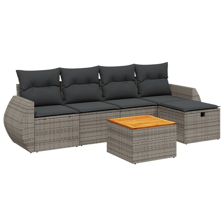 Salon de jardin 6 pcs avec coussins gris résine tressée - Photo n°1