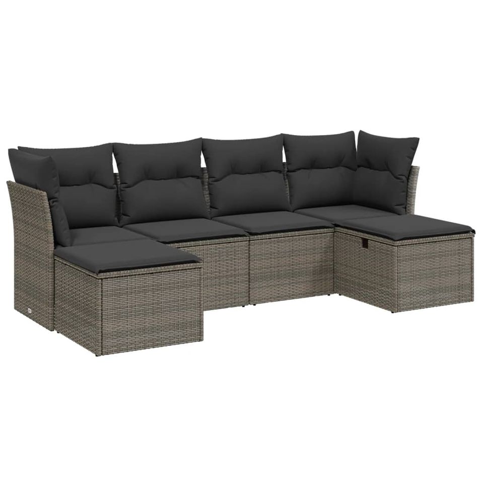 Salon de jardin 6 pcs avec coussins gris résine tressée - Photo n°1