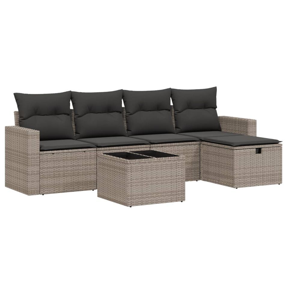 Salon de jardin 6 pcs avec coussins gris résine tressée - Photo n°1