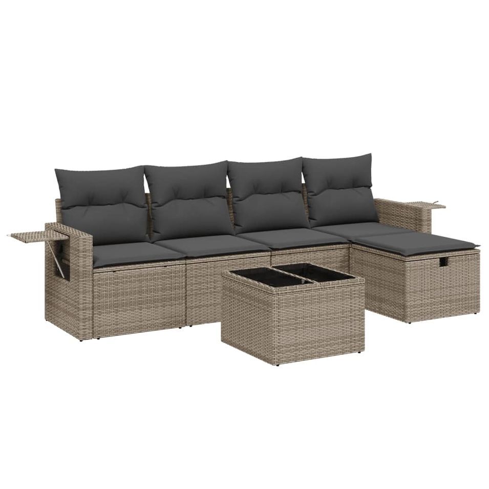 Salon de jardin 6 pcs avec coussins gris résine tressée - Photo n°1