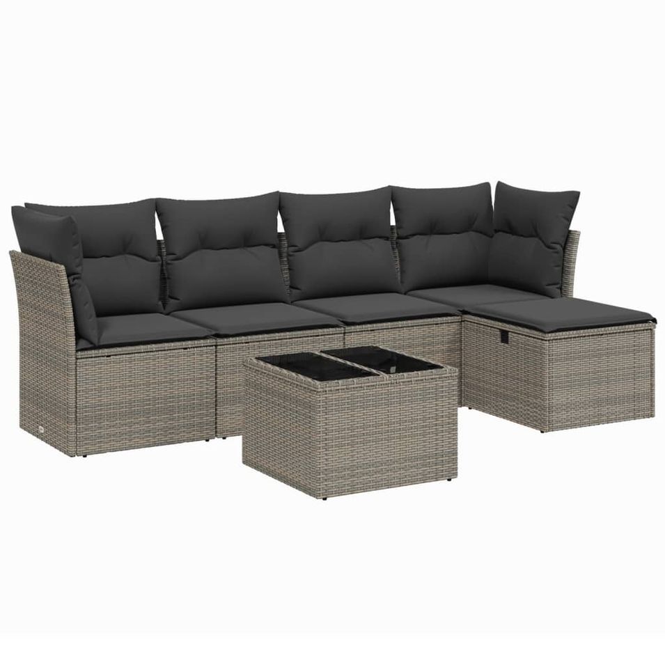 Salon de jardin 6 pcs avec coussins gris résine tressée - Photo n°1