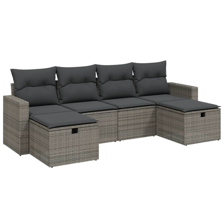 Salon de jardin 6 pcs avec coussins gris résine tressée - Photo n°1