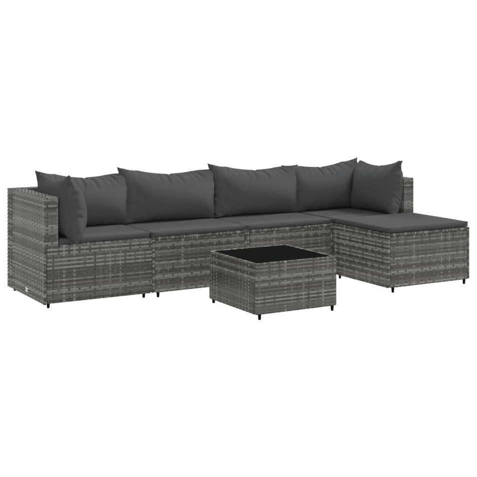 Salon de jardin 6 pcs avec coussins Gris Résine tressée - Photo n°1
