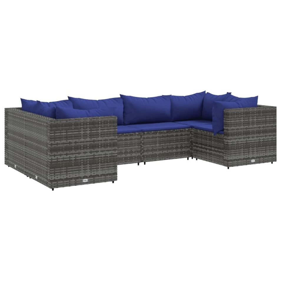 Salon de jardin 6 pcs avec coussins Gris Résine tressée - Photo n°1