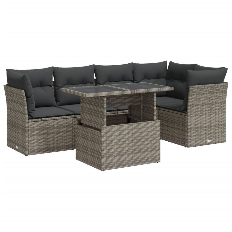 Salon de jardin 6 pcs avec coussins gris résine tressée - Photo n°1