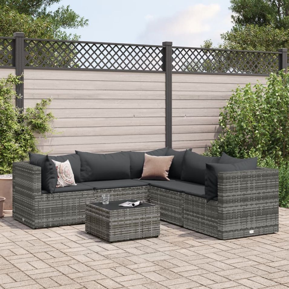 Salon de jardin 6 pcs avec coussins Gris Résine tressée - Photo n°1