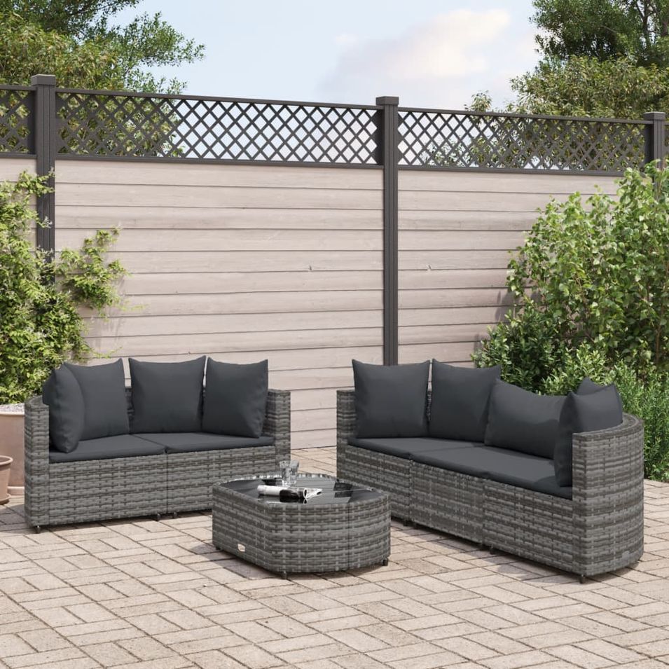 Salon de jardin 6 pcs avec coussins gris résine tressée - Photo n°1