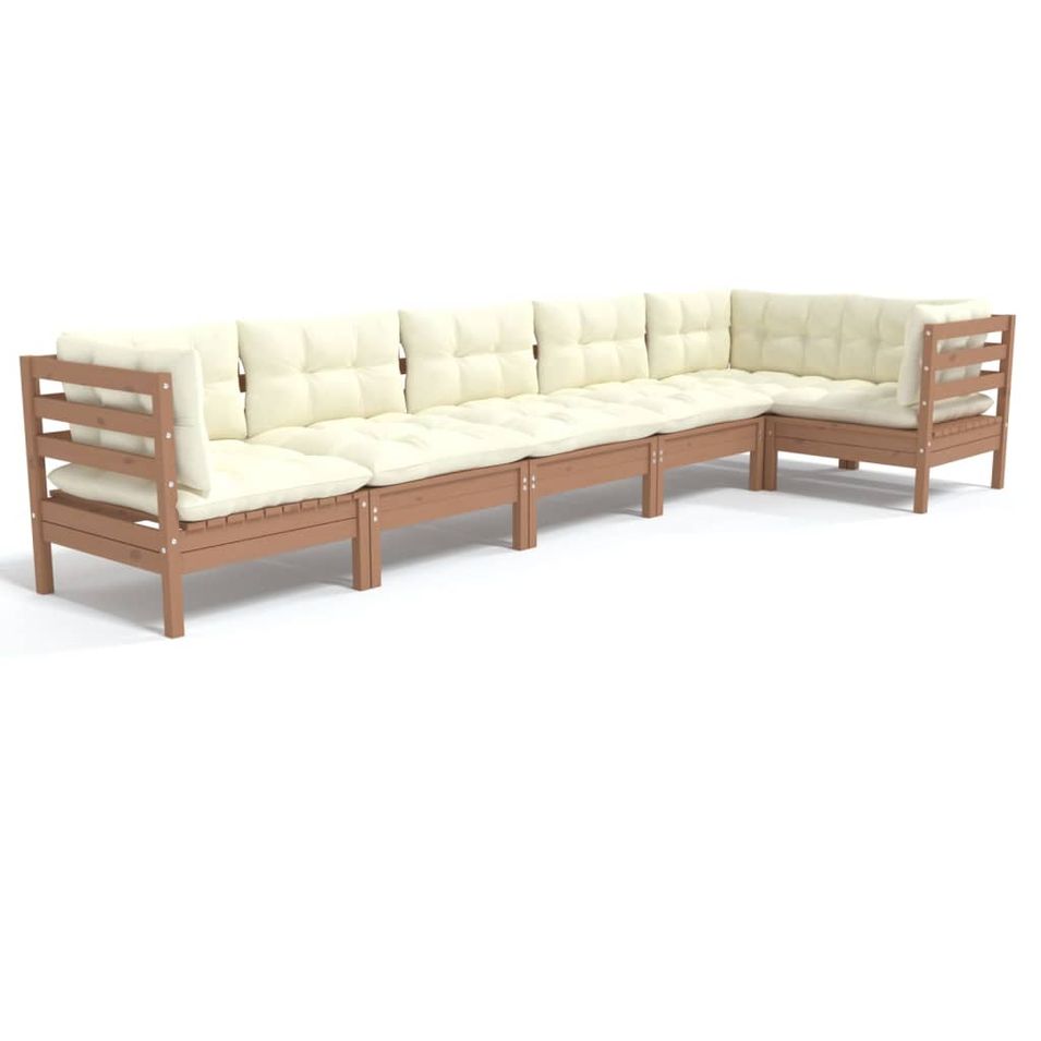 Salon de jardin 6 pcs avec coussins Marron miel Bois de pin 9 - Photo n°1