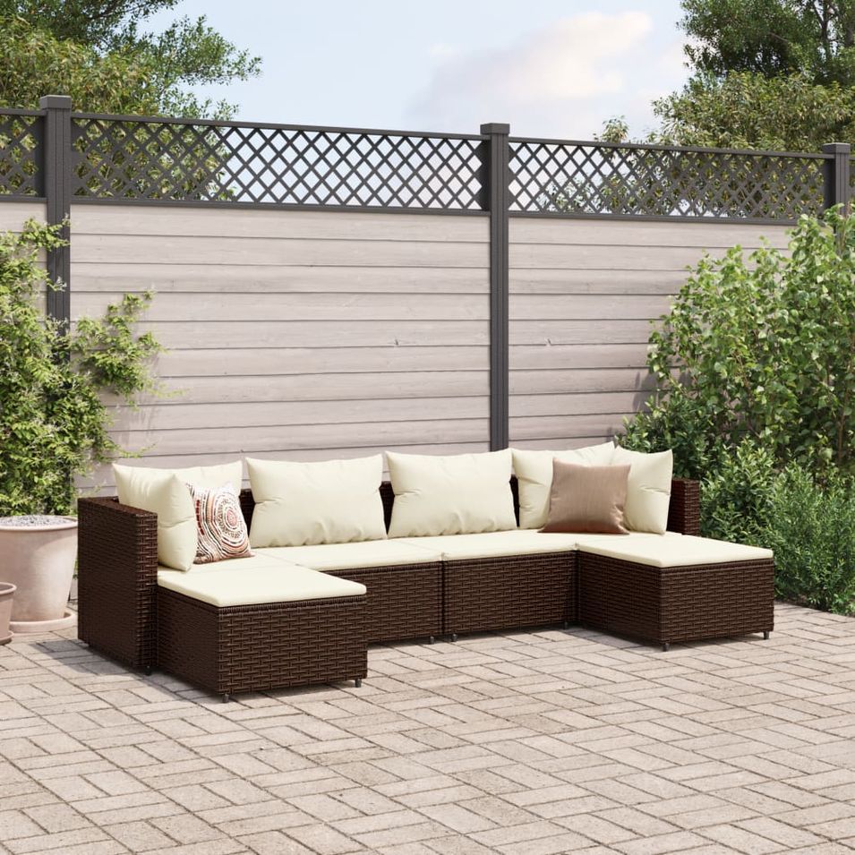 Salon de jardin 6 pcs avec coussins Marron Résine tressée - Photo n°1