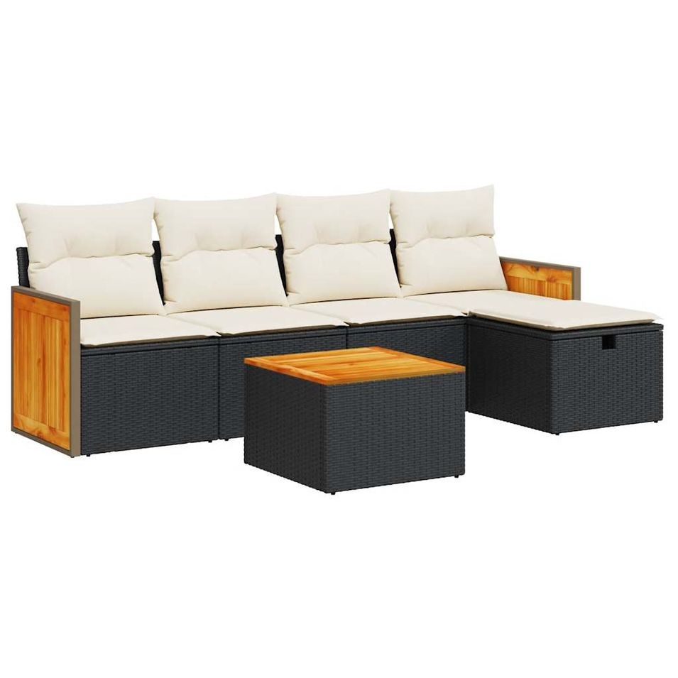 Salon de jardin 6 pcs avec coussins noir résine tressée - Photo n°1