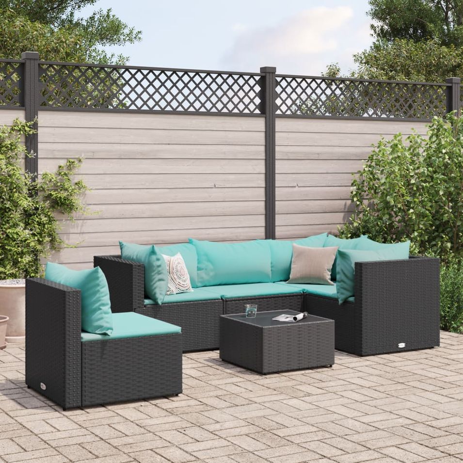 Salon de jardin 6 pcs avec coussins Noir Résine tressée - Photo n°1