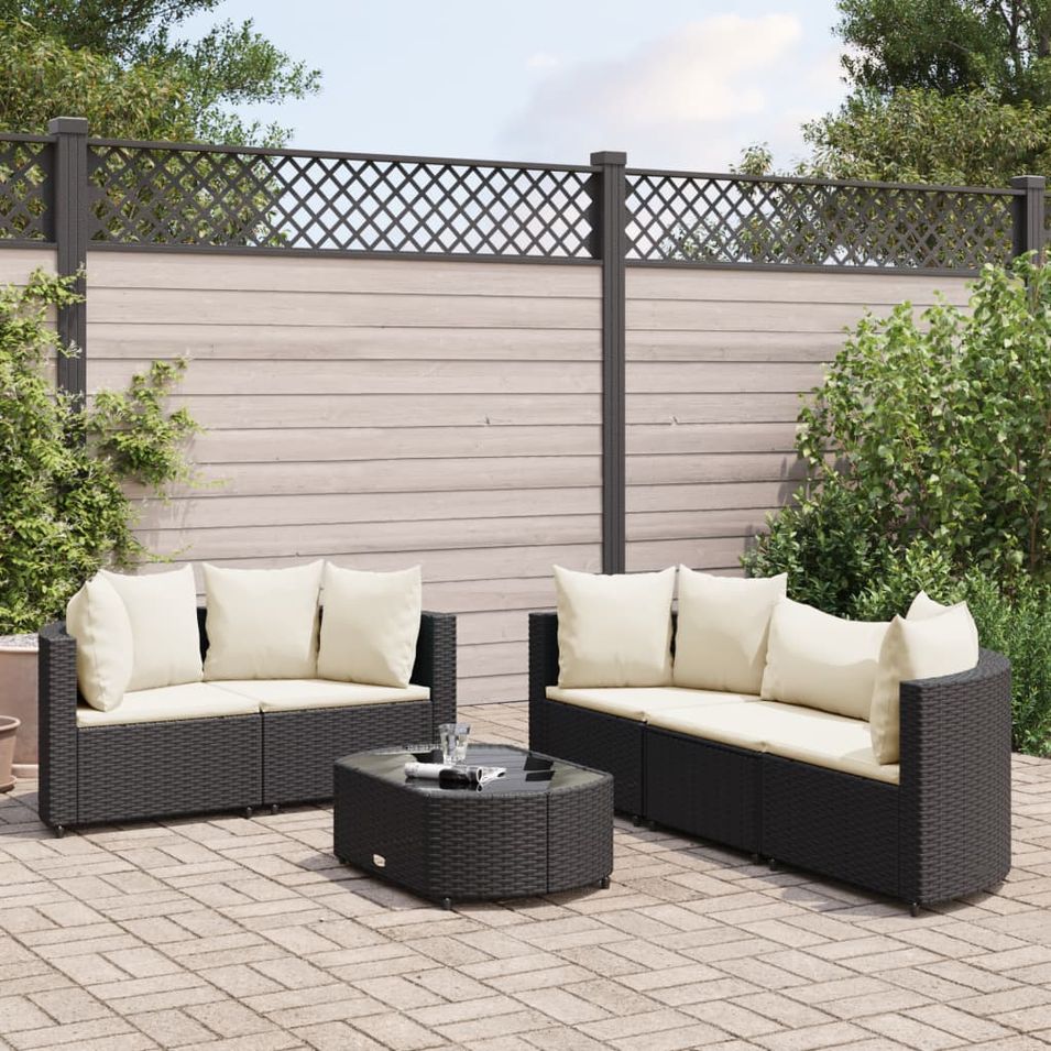 Salon de jardin 6 pcs avec coussins noir résine tressée - Photo n°1