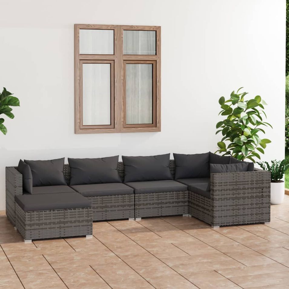 Salon de jardin 6 pcs avec coussins Résine tressée Gris - Photo n°1