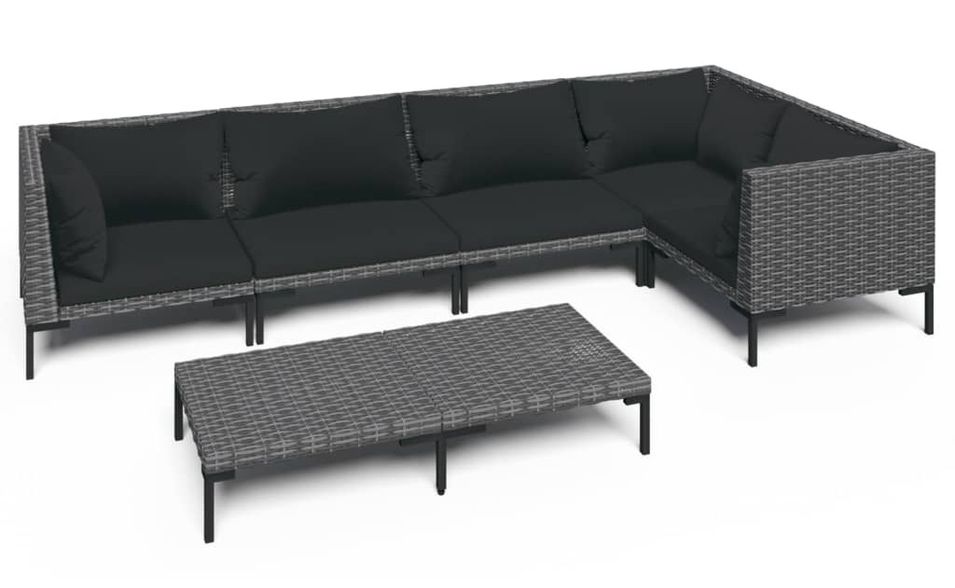 Salon de jardin 6 pcs avec coussins Résine tressée Gris foncé 6 - Photo n°1
