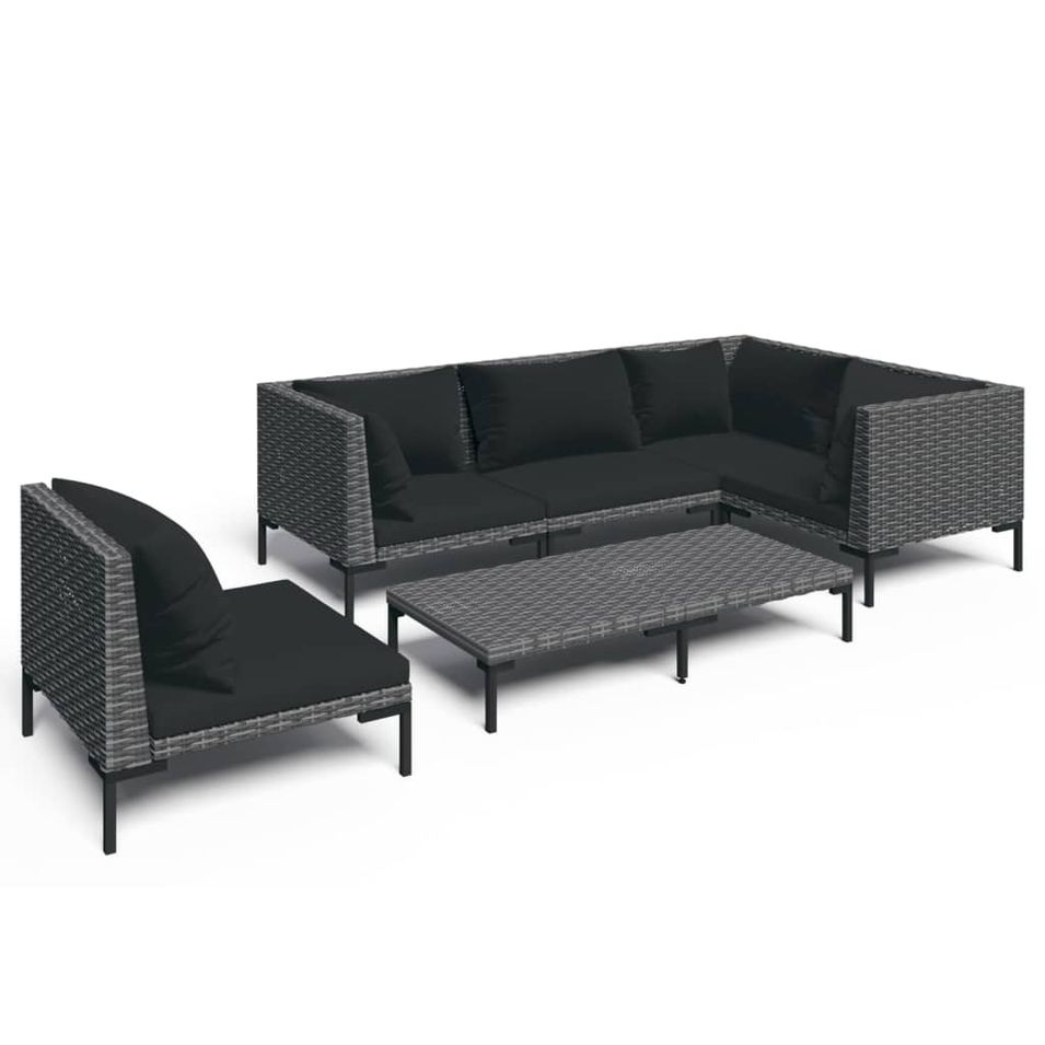 Salon de jardin 6 pcs avec coussins Résine tressée Gris foncé 4 - Photo n°1