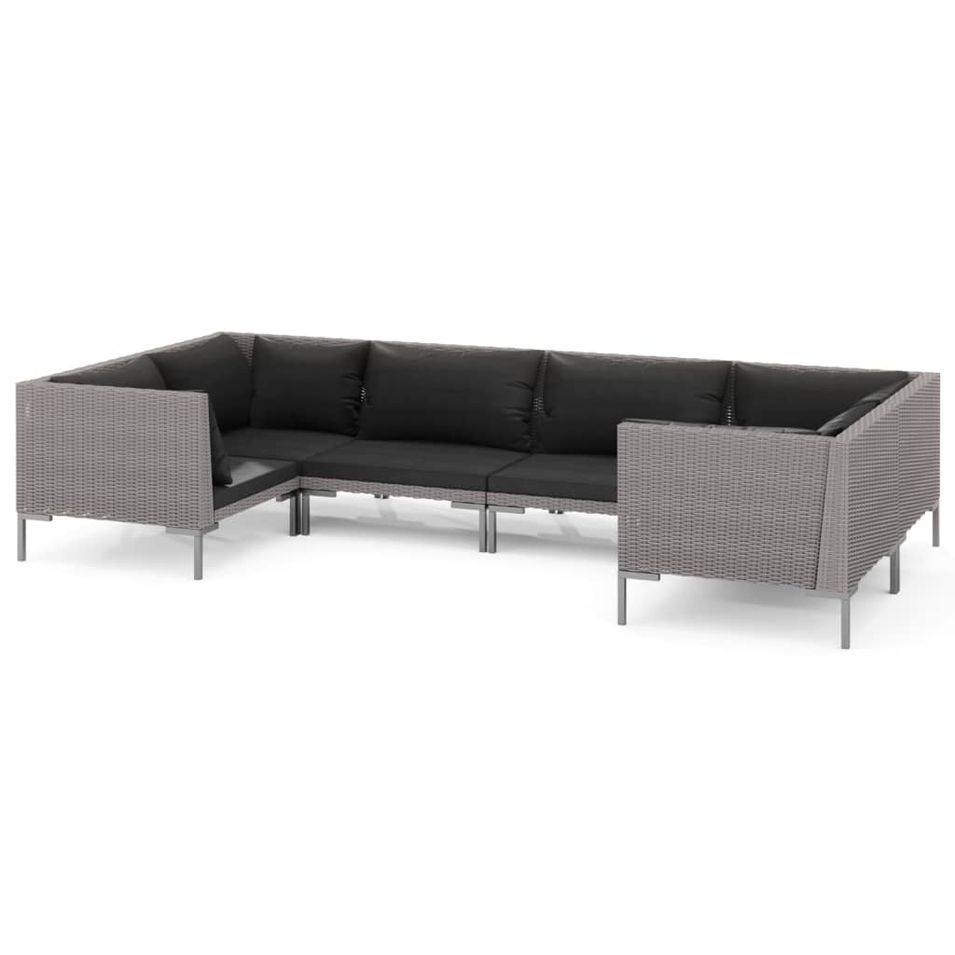 Salon de jardin 6 pcs avec coussins Résine tressée Gris foncé 3 - Photo n°1