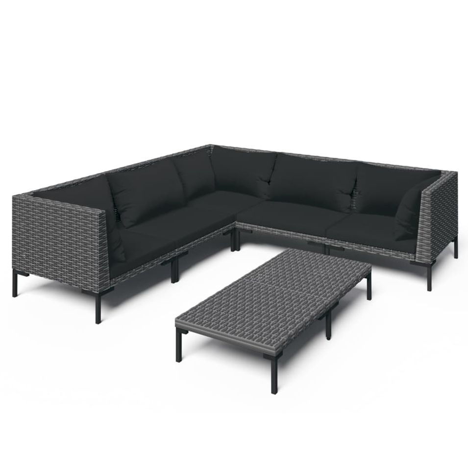 Salon de jardin 6 pcs avec coussins Résine tressée Gris foncé 5 - Photo n°1