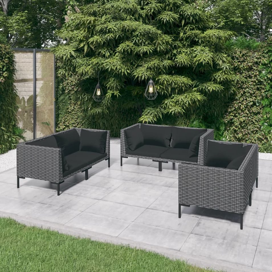 Salon de jardin 6 pcs avec coussins Résine tressée Gris foncé - Photo n°1