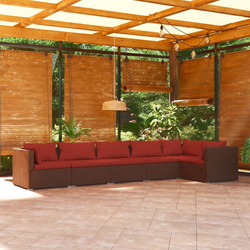 Salon de jardin 6 pcs avec coussins Résine tressée Marron - Photo n°1