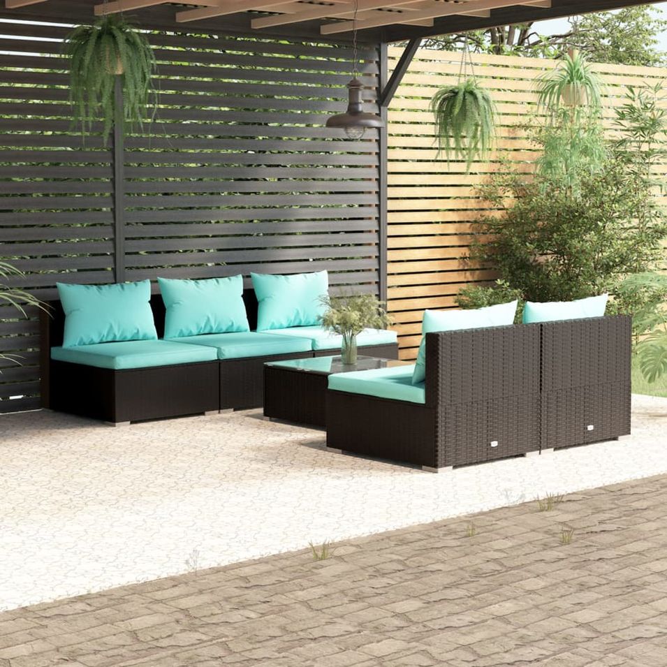 Salon de jardin 6 pcs avec coussins résine tressée noir - Photo n°1