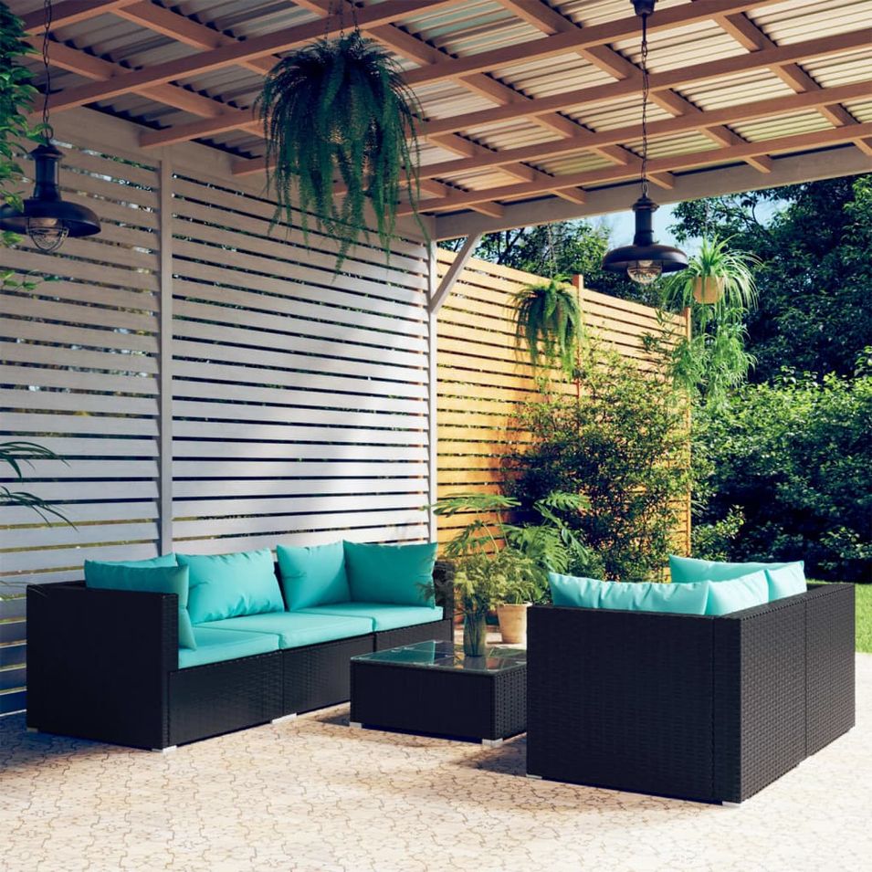 Salon de jardin 6 pcs avec coussins résine tressée noir - Photo n°1
