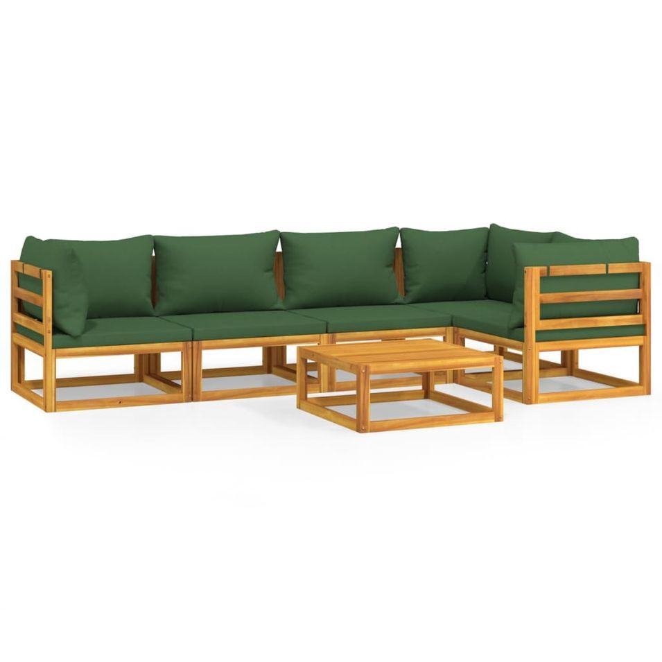 Salon de jardin 6 pcs avec coussins vert bois massif - Photo n°1