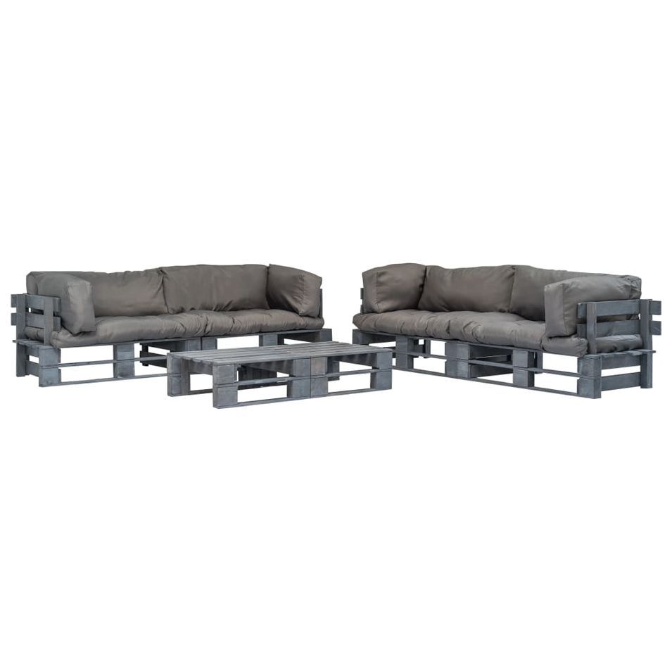 Salon de jardin 6 pcs palettes avec coussins gris Bois 5 - Photo n°1