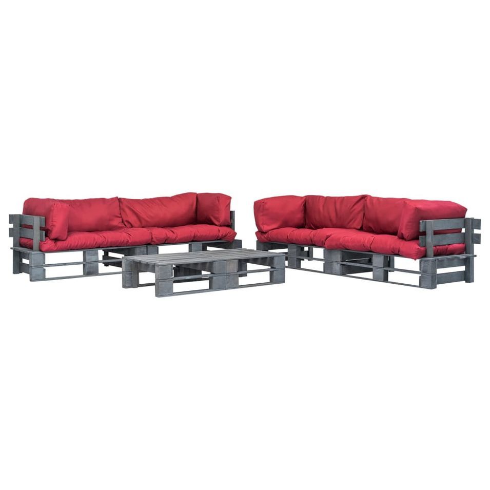 Salon de jardin 6 pcs palettes avec coussins rouges Bois 5 - Photo n°1