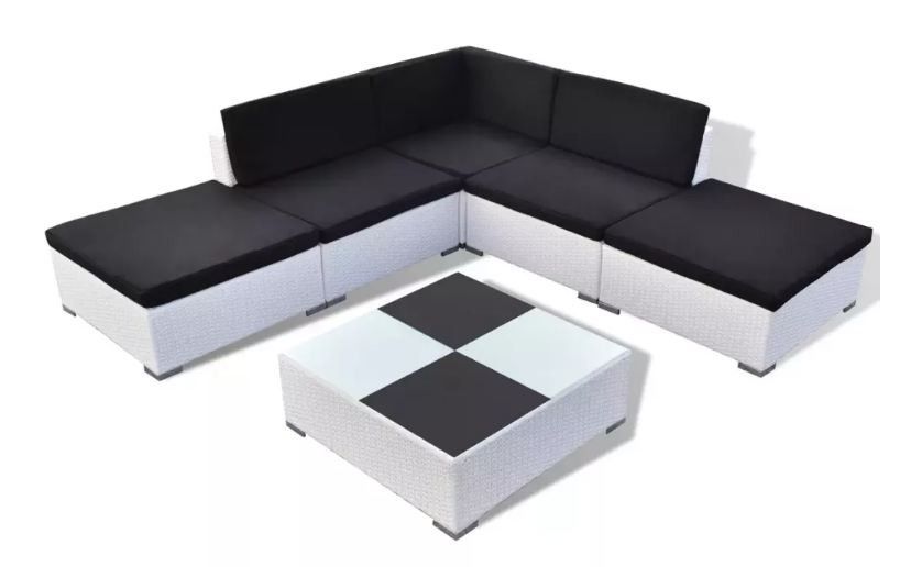 Salon de jardin 6 pièces résine tressée blanc coussins noir Kim - Photo n°1