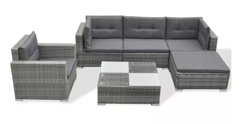 Salon de jardin 6 pièces résine tressée coussins gris Kim - Photo n°1