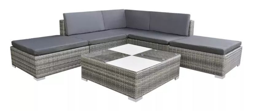 Salon de jardin 6 pièces résine tressée coussins gris Kim 3 - Photo n°1