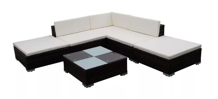 Salon de jardin 6 pièces résine tressée marron coussins blanc Kim - Photo n°1