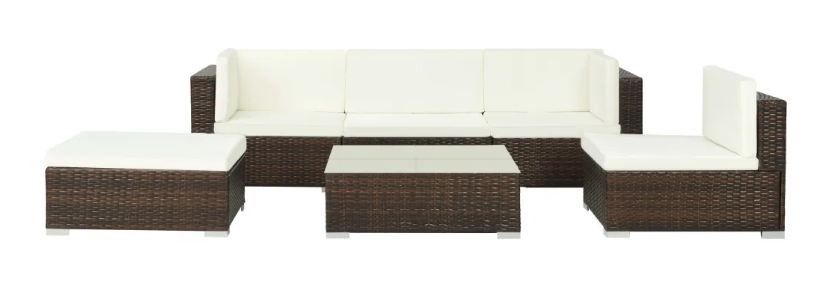 Salon de jardin 6 pièces résine tressée marron et coussins blanc Blanca - Photo n°1