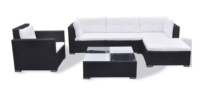Salon de jardin 6 pièces résine tressée noir coussins blanc Kim 2 - Photo n°1