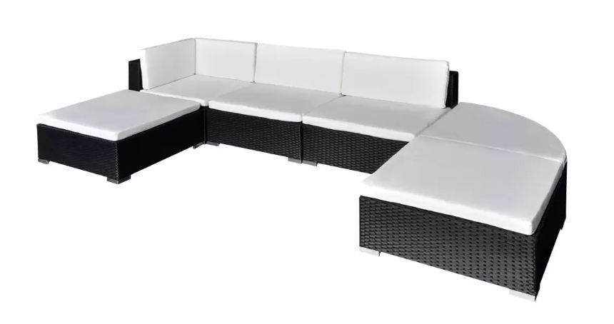 Salon de jardin 6 pièces résine tressée noir coussins blanc Mik - Photo n°1