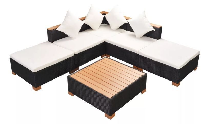 Salon de jardin 6 pièces résine tressée noir coussins blancs Kimberly - Photo n°1